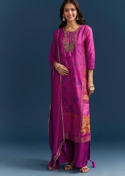 Purple Dola Silk Kurta Set With Floral Print And Embroidered Accents
