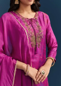 Purple Dola Silk Kurta Set With Floral Print And Embroidered Accents