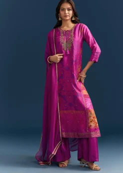 Purple Dola Silk Kurta Set With Floral Print And Embroidered Accents