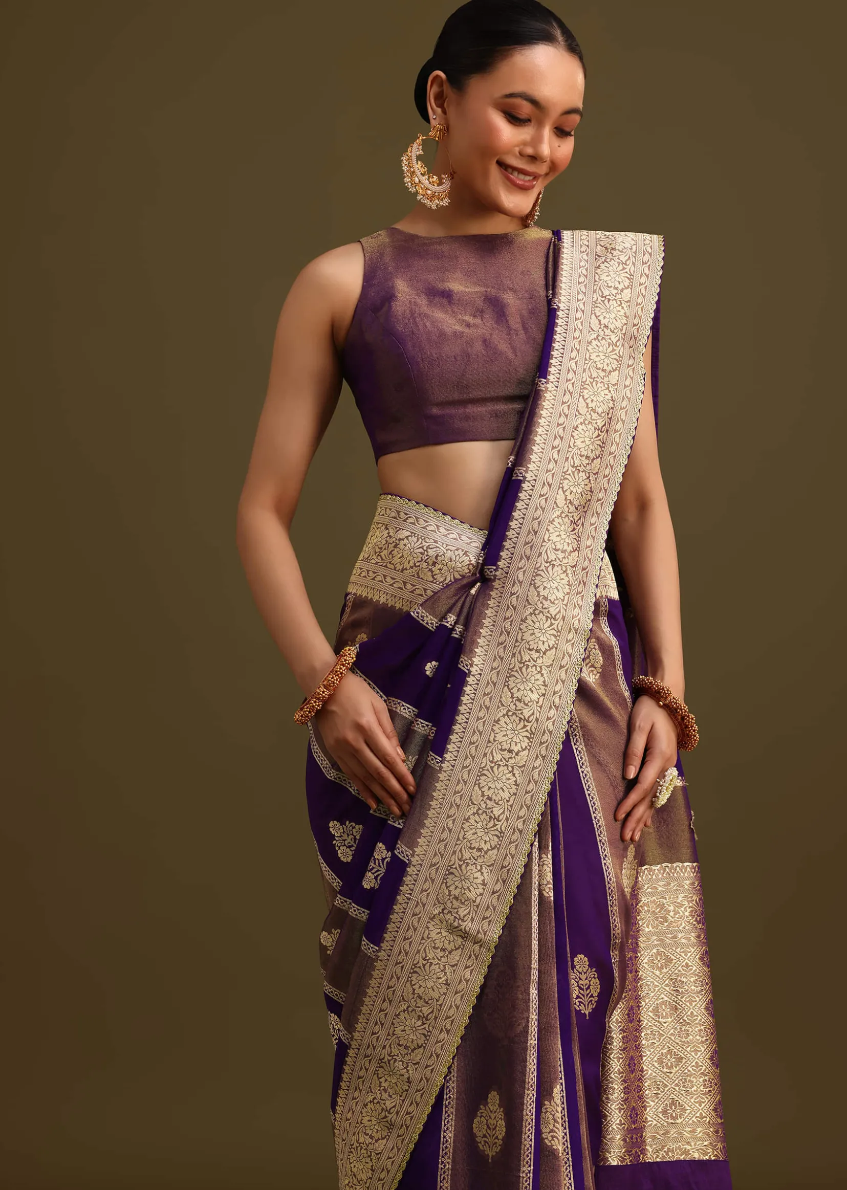 Purple Dual Shaded Khaddi Georgette Saree With Zari Brocade Pallu Border