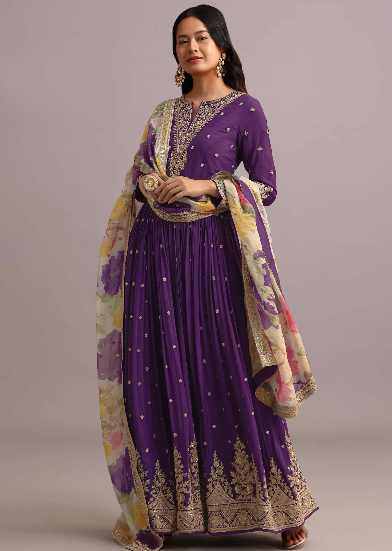 Purple Embroidered Anarkali With Floral Printed Organza Dupatta
