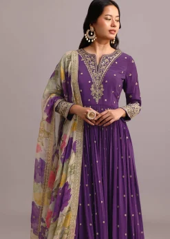 Purple Embroidered Anarkali With Floral Printed Organza Dupatta