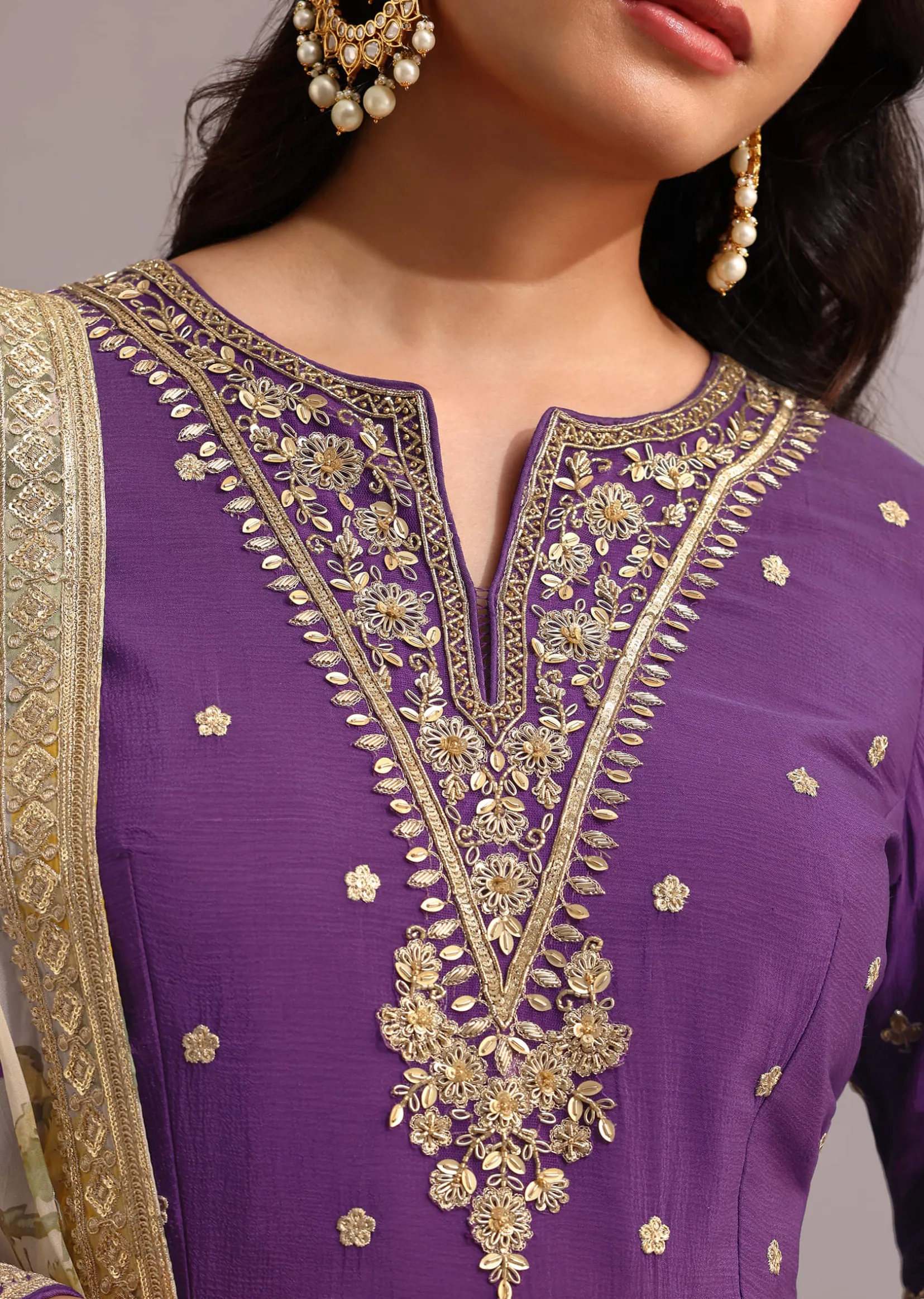 Purple Embroidered Anarkali With Floral Printed Organza Dupatta