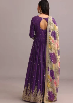 Purple Embroidered Anarkali With Floral Printed Organza Dupatta