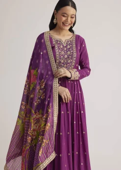 Purple Embroidered Anarkali Suit With Floral Dupatta