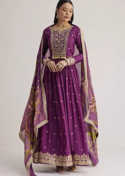 Purple Embroidered Anarkali Suit With Floral Dupatta