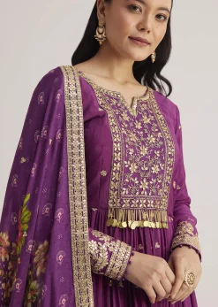 Purple Embroidered Anarkali Suit With Floral Dupatta