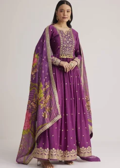 Purple Embroidered Anarkali Suit With Floral Dupatta