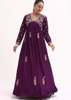 Purple Embroidered Chiffon Gown