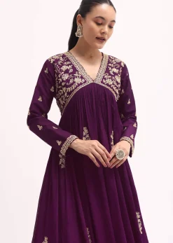Purple Embroidered Chiffon Gown