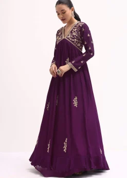 Purple Embroidered Chiffon Gown