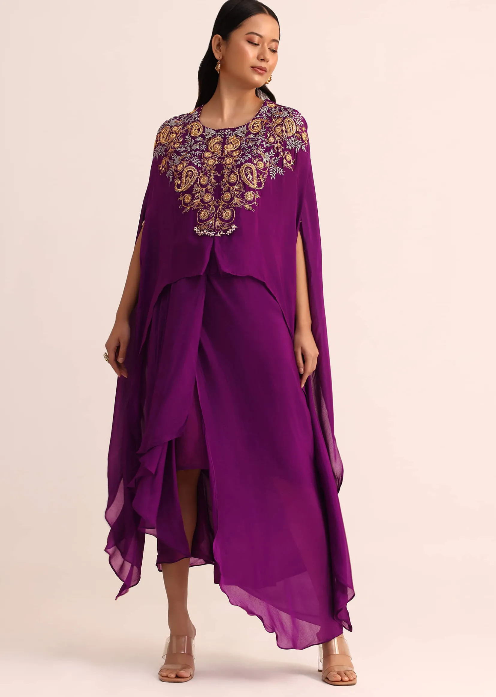 Purple Embroidered Chiffon Skirt And Cape