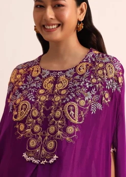 Purple Embroidered Chiffon Skirt And Cape