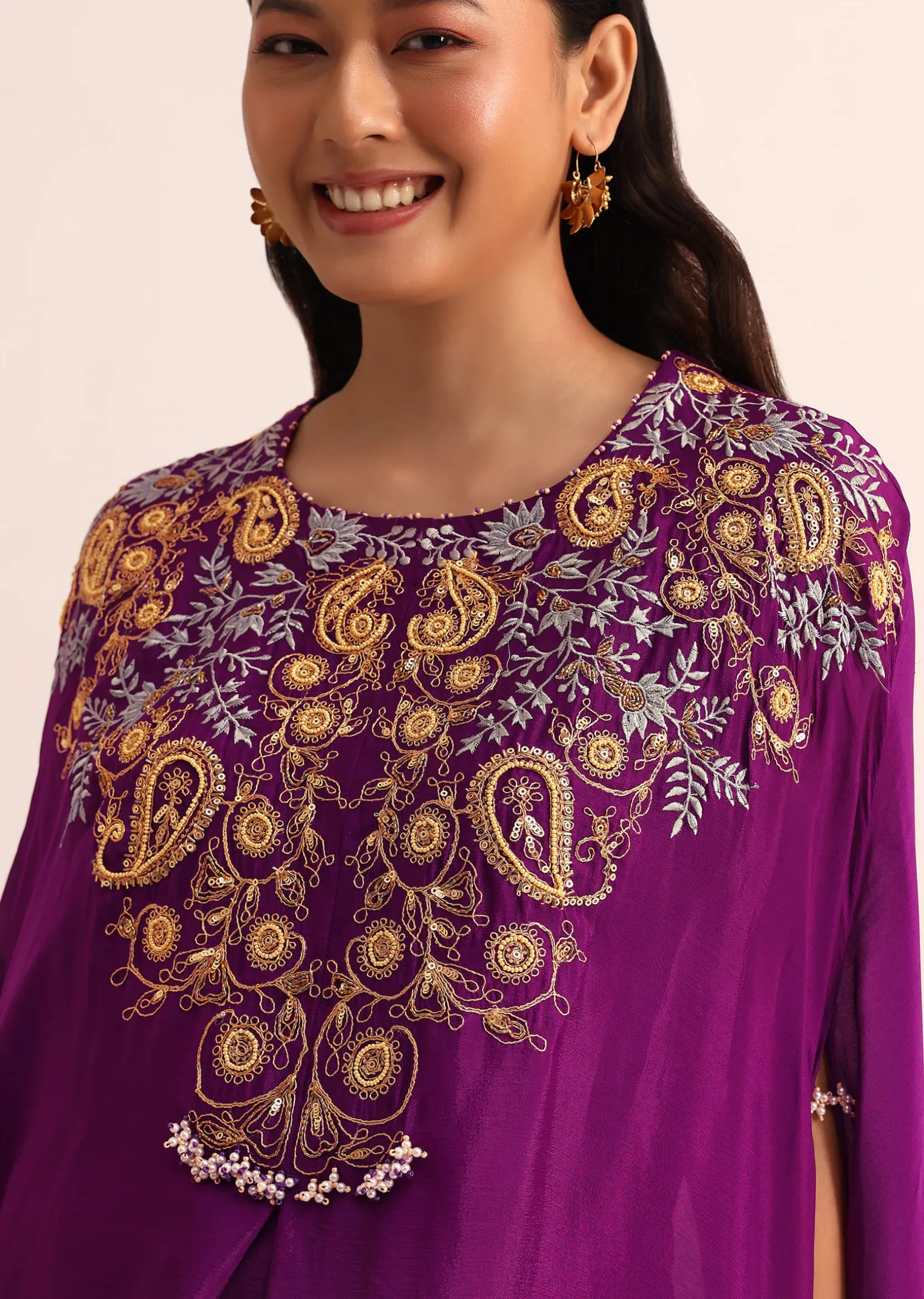 Purple Embroidered Chiffon Skirt And Cape
