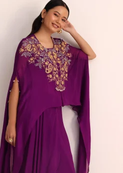 Purple Embroidered Chiffon Skirt And Cape