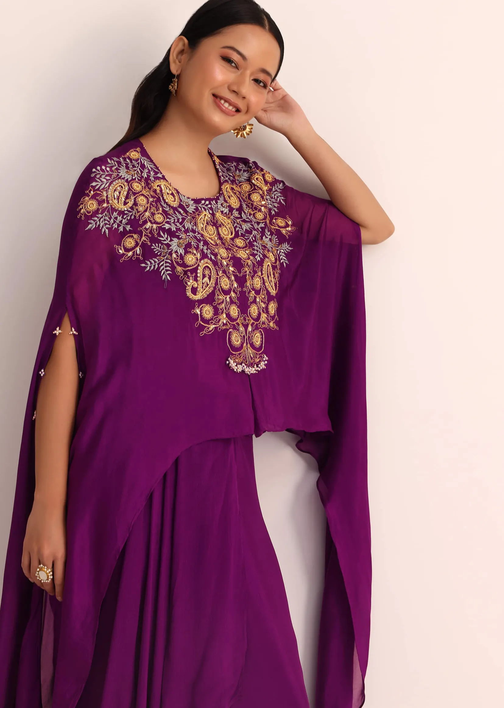 Purple Embroidered Chiffon Skirt And Cape