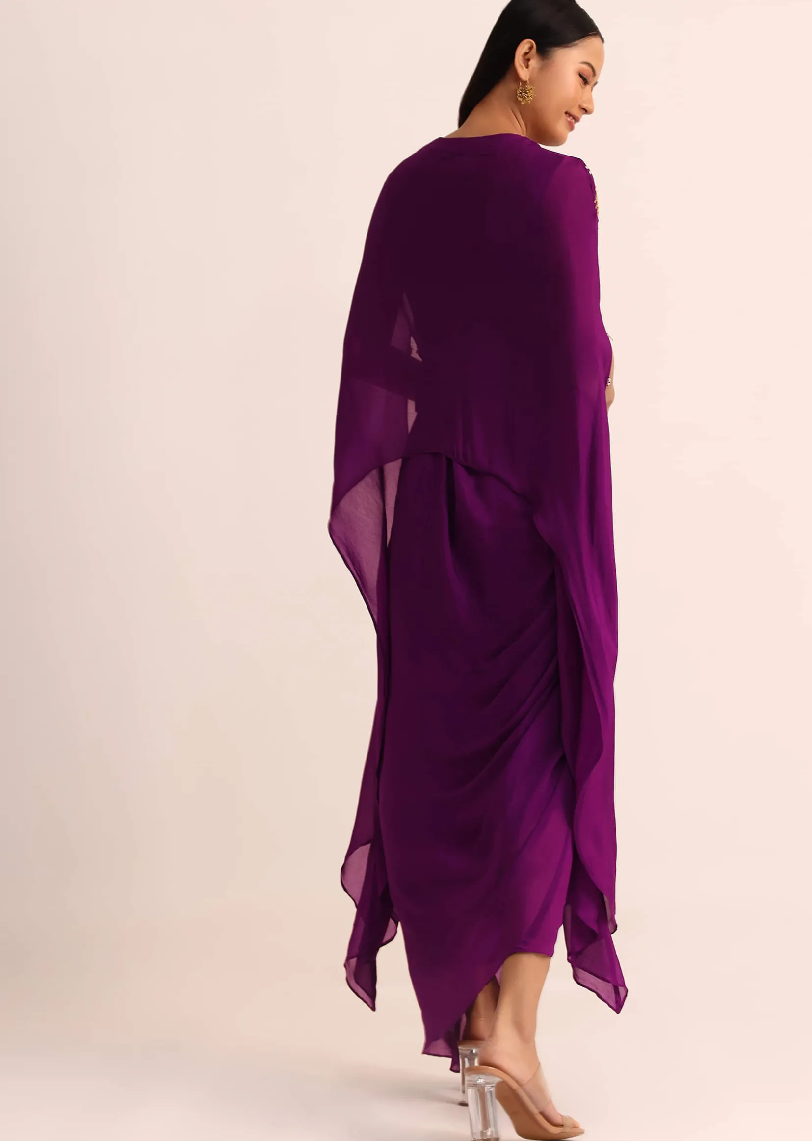 Purple Embroidered Chiffon Skirt And Cape