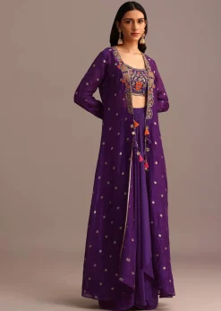Purple Embroidered Croptop With Drape Skirt And Tussar Jacket
