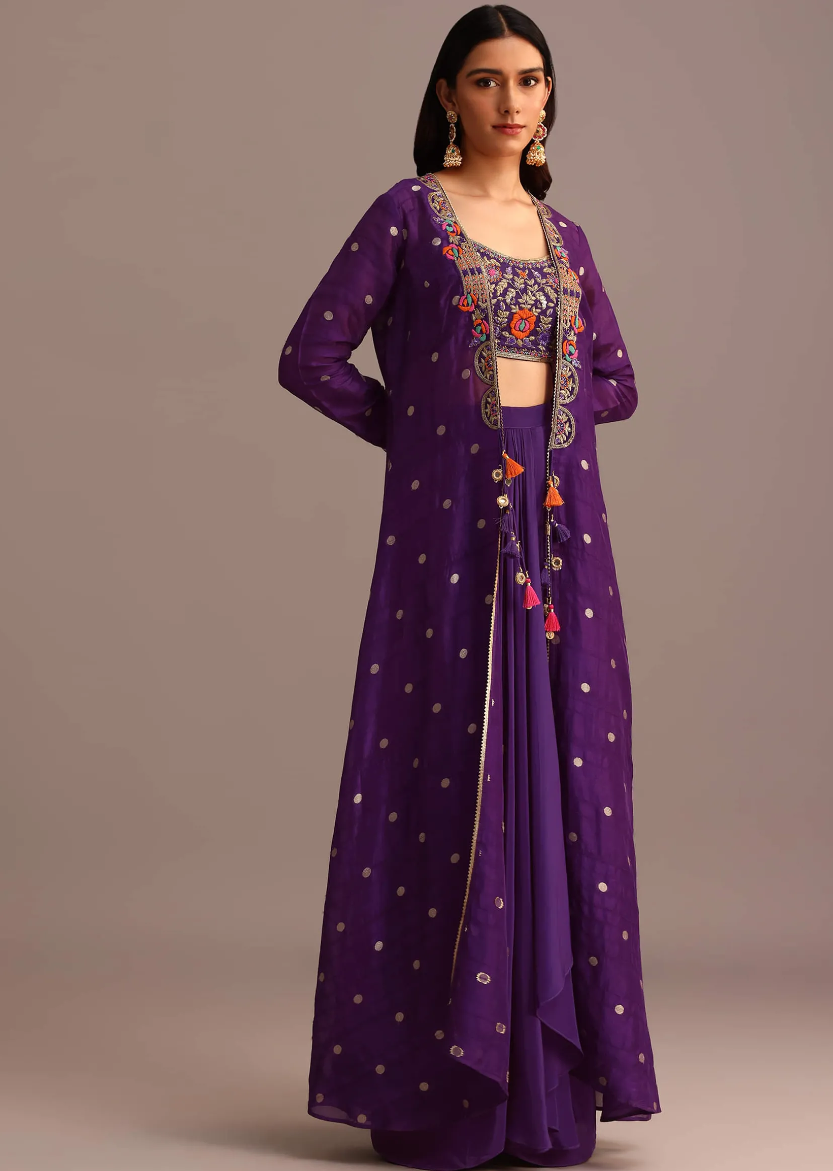 Purple Embroidered Croptop With Drape Skirt And Tussar Jacket