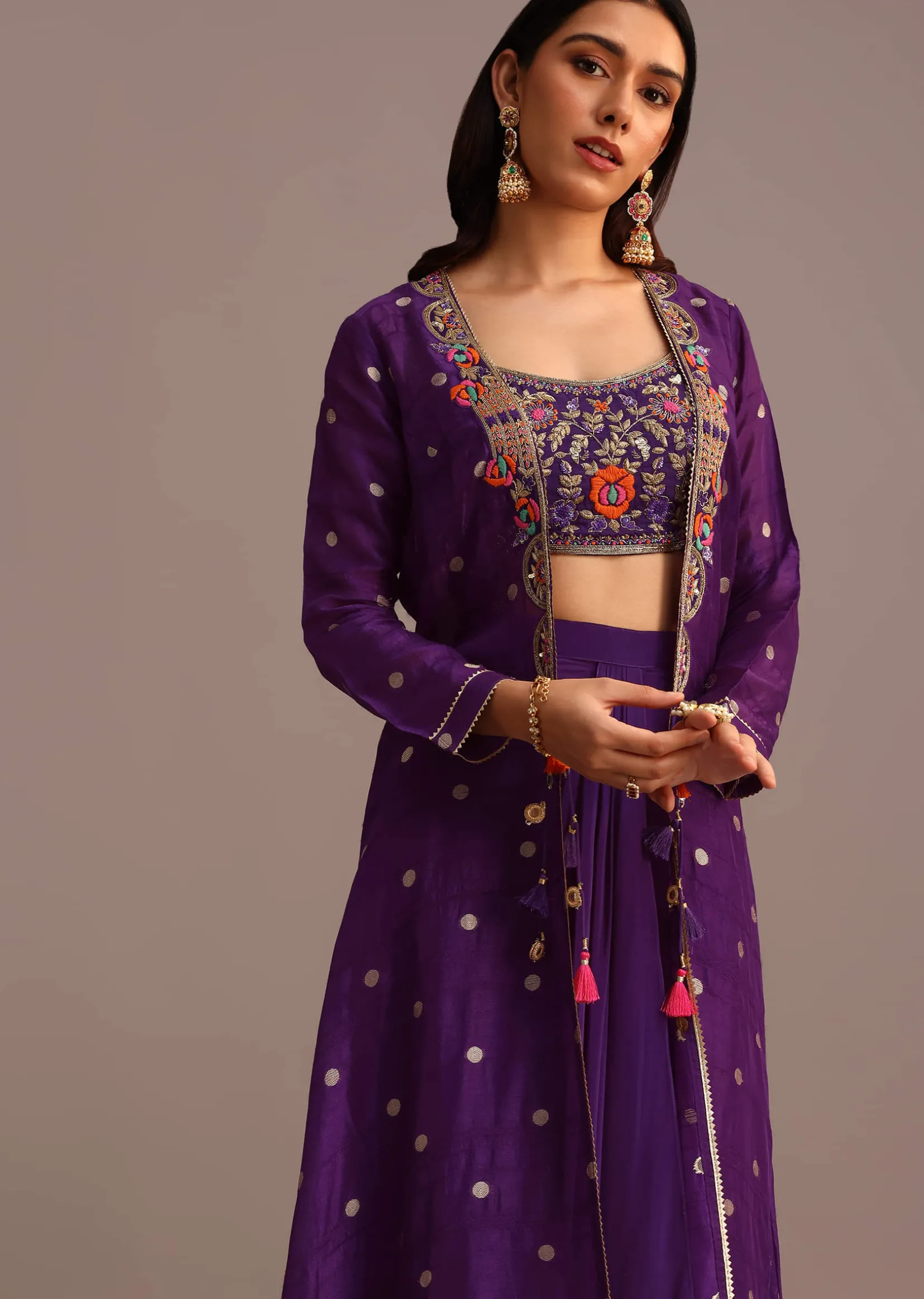 Purple Embroidered Croptop With Drape Skirt And Tussar Jacket
