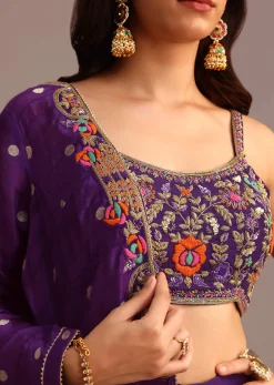 Purple Embroidered Croptop With Drape Skirt And Tussar Jacket