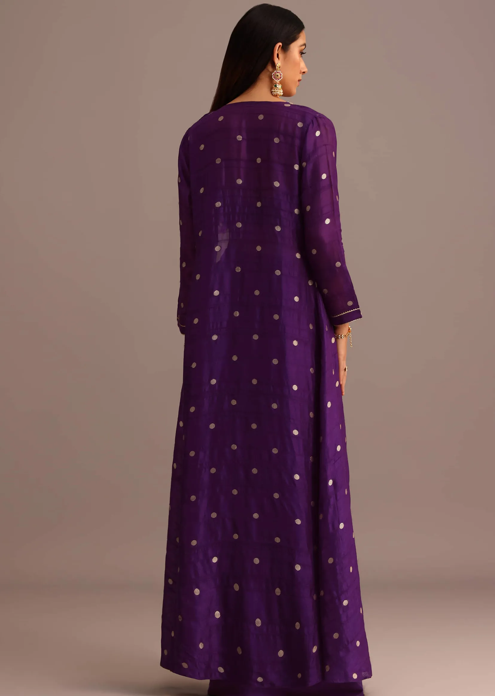 Purple Embroidered Croptop With Drape Skirt And Tussar Jacket