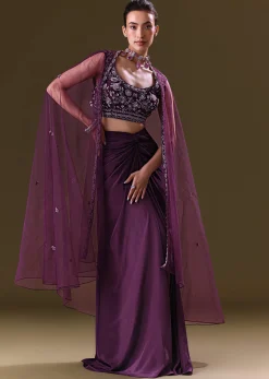 Purple Embroidered Drape Skirt With Embroidered Net Cape