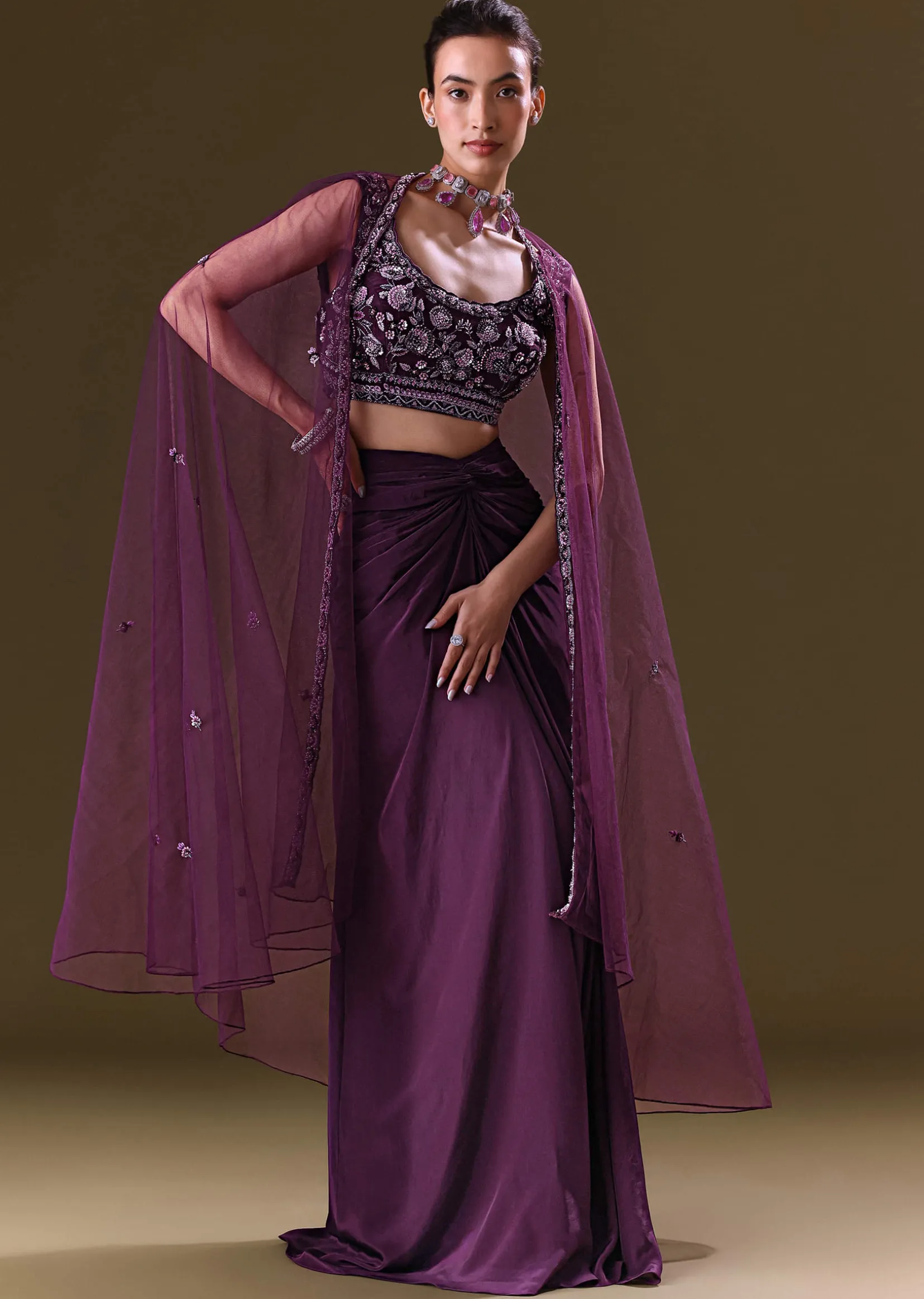 Purple Embroidered Drape Skirt With Embroidered Net Cape