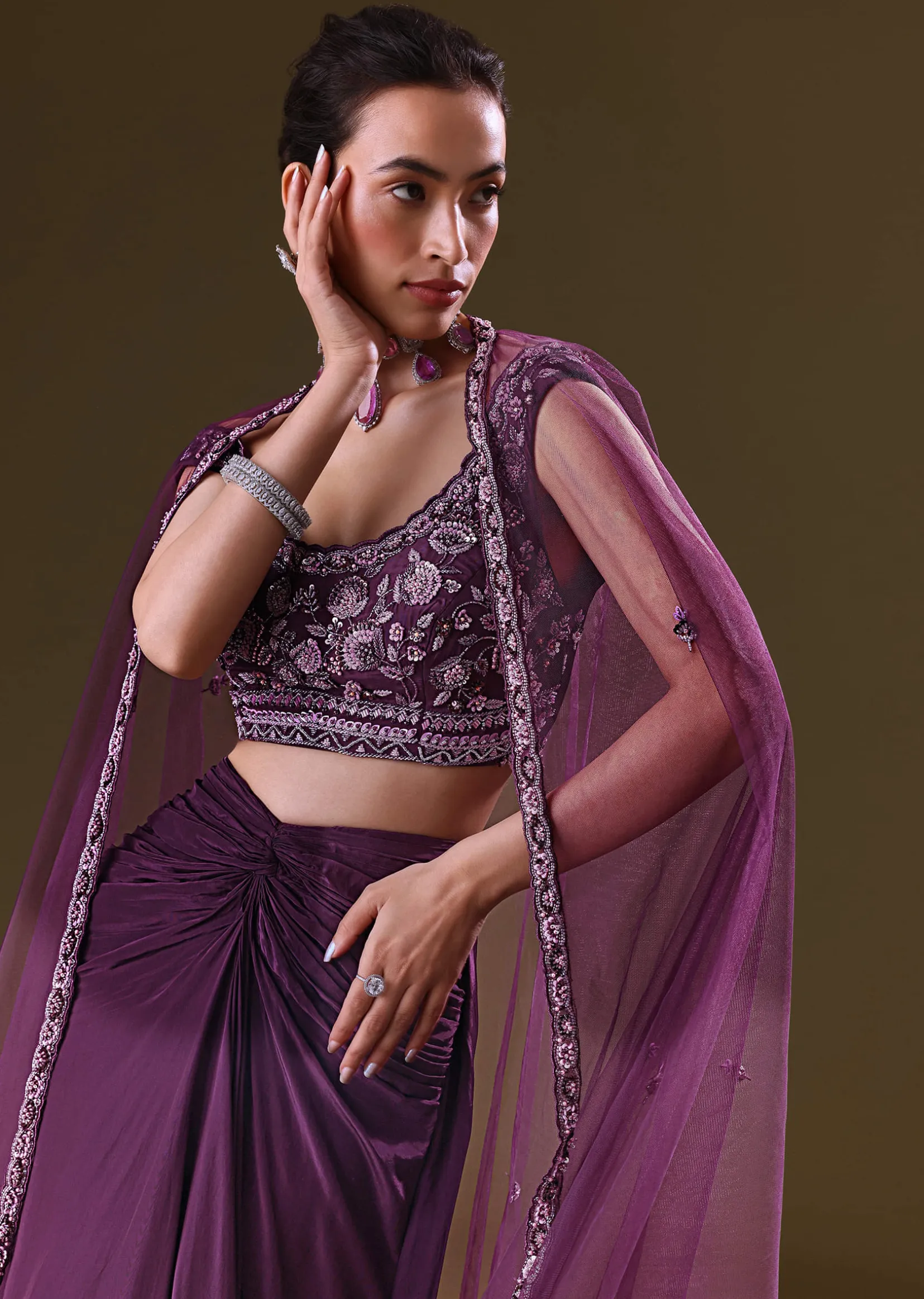 Purple Embroidered Drape Skirt With Embroidered Net Cape