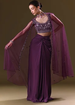 Purple Embroidered Drape Skirt With Embroidered Net Cape