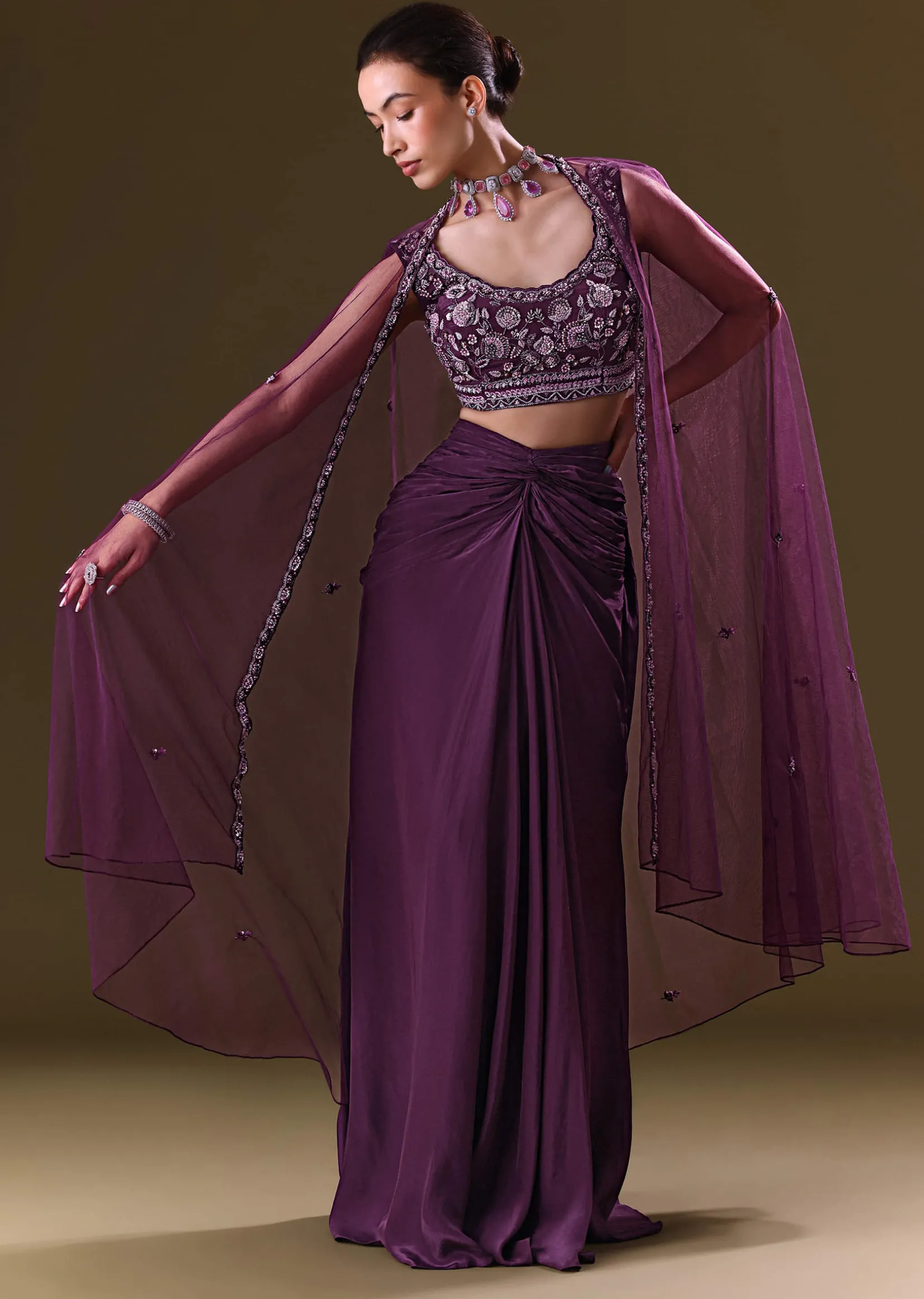 Purple Embroidered Drape Skirt With Embroidered Net Cape