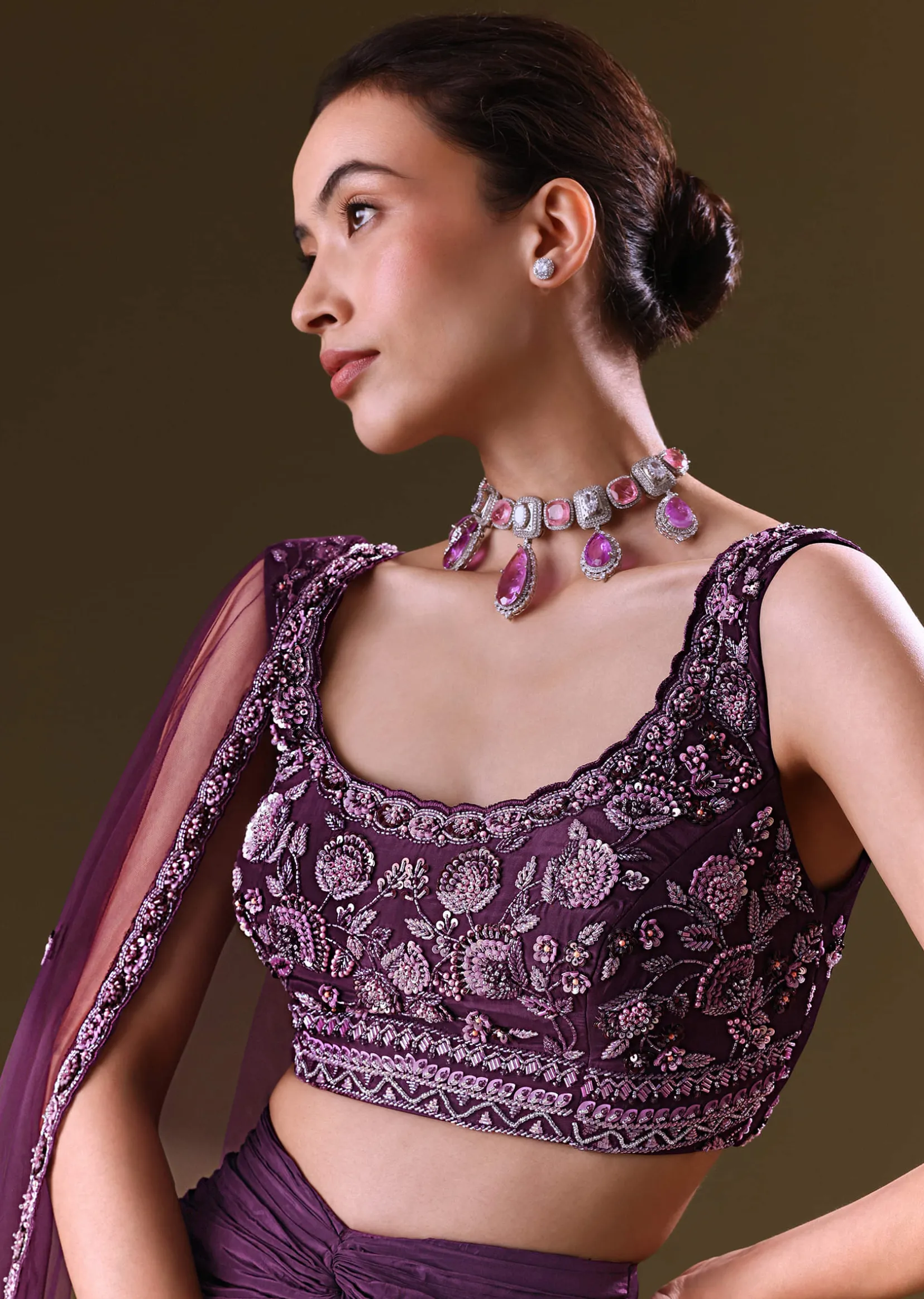 Purple Embroidered Drape Skirt With Embroidered Net Cape