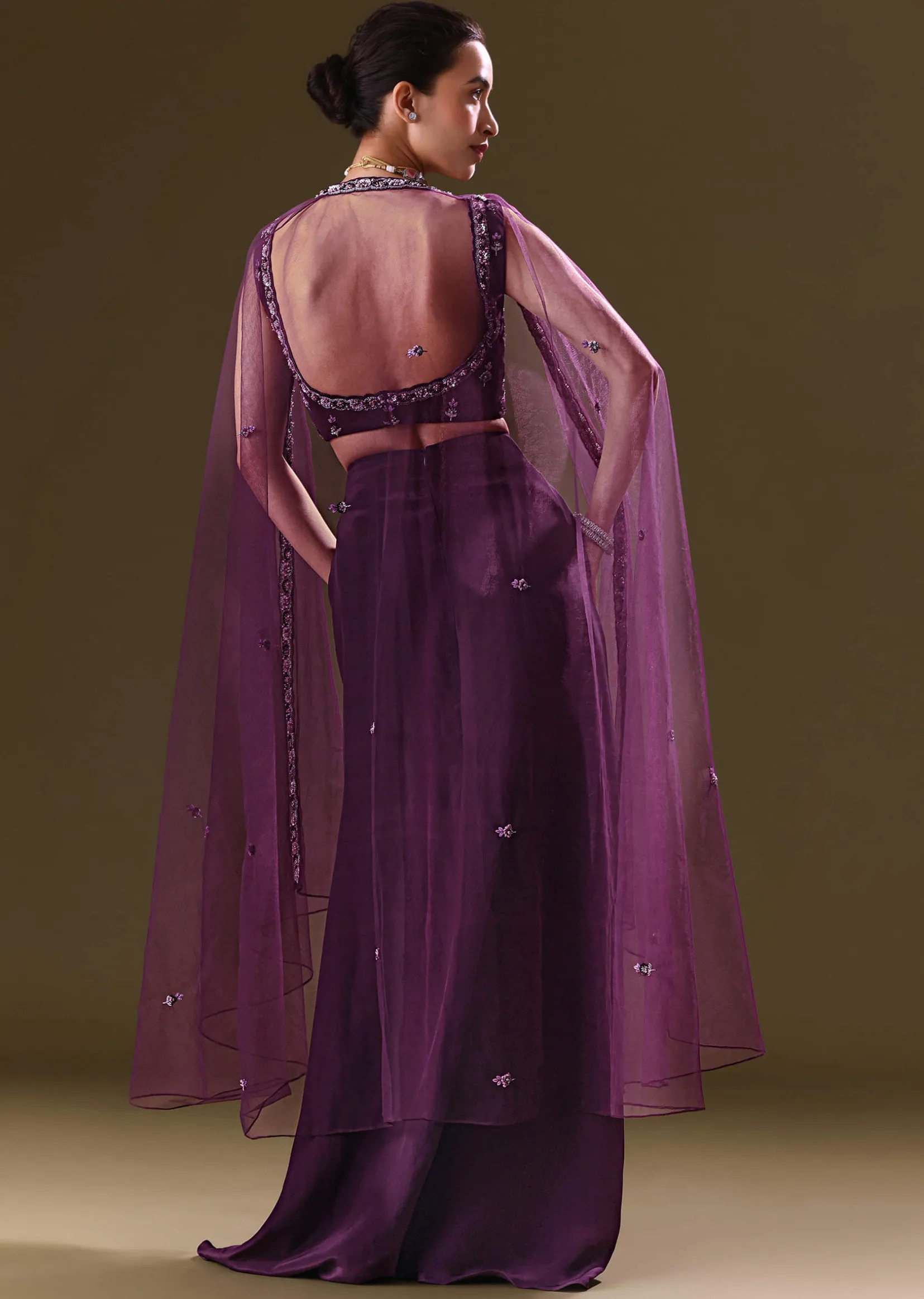 Purple Embroidered Drape Skirt With Embroidered Net Cape