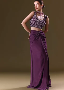 Purple Embroidered Drape Skirt With Embroidered Net Cape