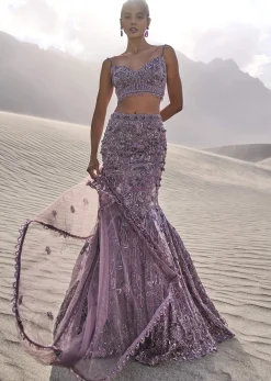 Purple Embroidered Fancy Organza Fishcut Lehenga With Blouse And Dupatta
