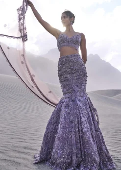 Purple Embroidered Fancy Organza Fishcut Lehenga With Blouse And Dupatta