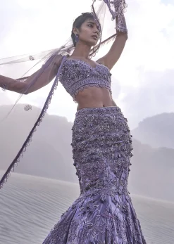 Purple Embroidered Fancy Organza Fishcut Lehenga With Blouse And Dupatta