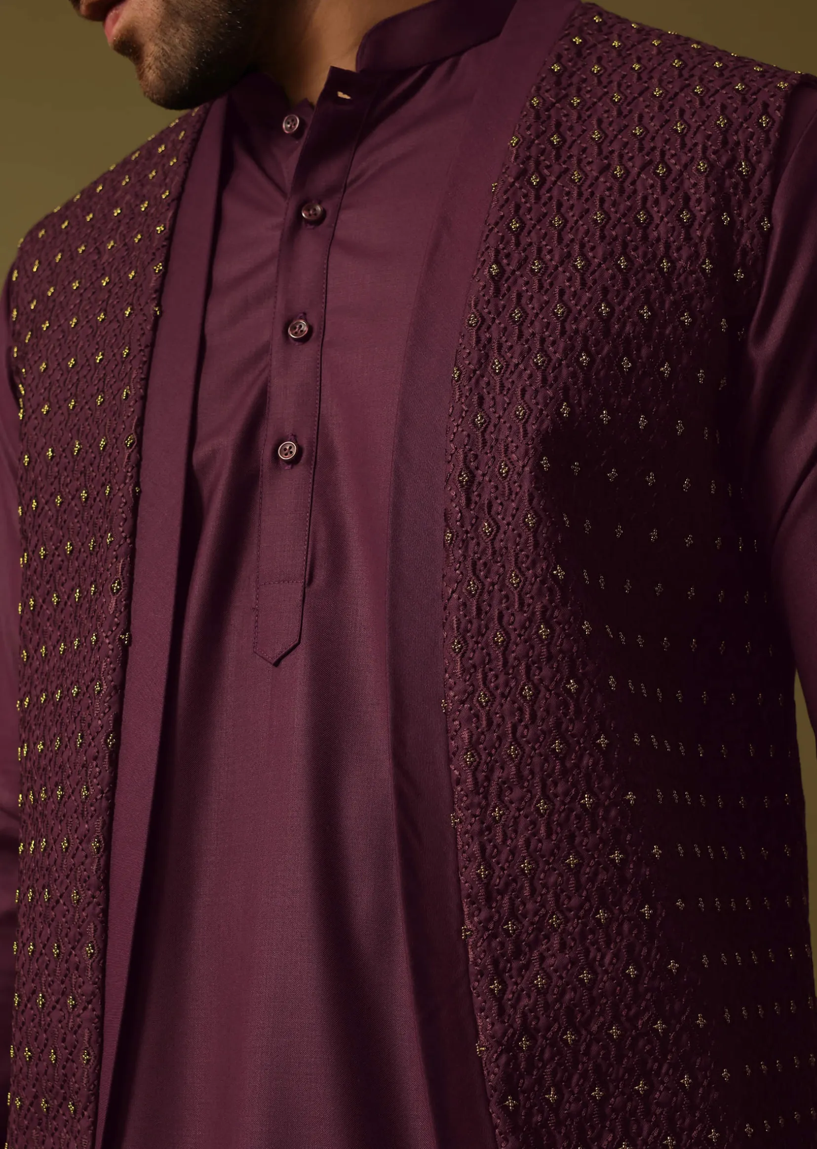 Purple Embroidered Kurta Jacket Set