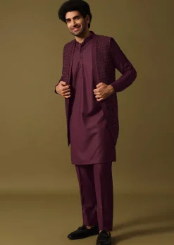 Purple Embroidered Kurta Jacket Set