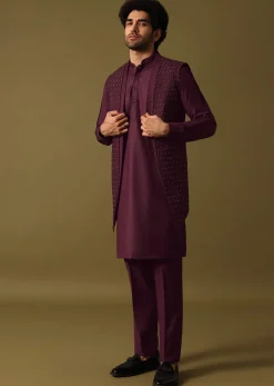 Purple Embroidered Kurta Jacket Set