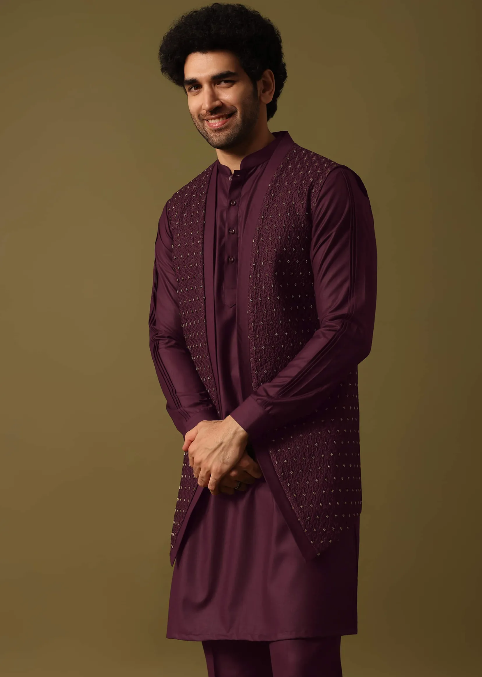 Purple Embroidered Kurta Jacket Set