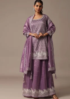 Purple Embroidered Kurta Palazzo Set With Dupatta