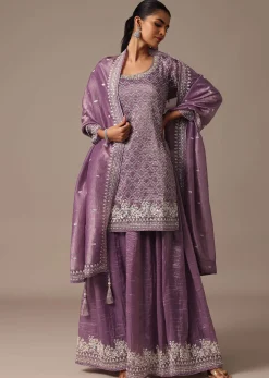 Purple Embroidered Kurta Palazzo Set With Dupatta