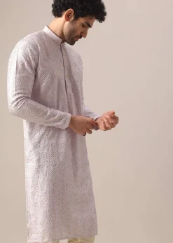 Purple Embroidered Kurta And Churidar In Silk