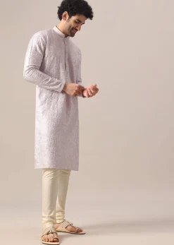Purple Embroidered Kurta And Churidar In Silk