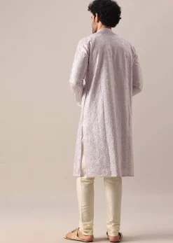 Purple Embroidered Kurta And Churidar In Silk