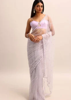 Purple Embroidered Net Saree With Unstitched Blouse