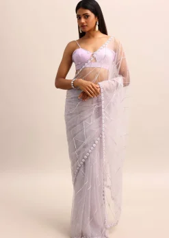 Purple Embroidered Net Saree With Unstitched Blouse