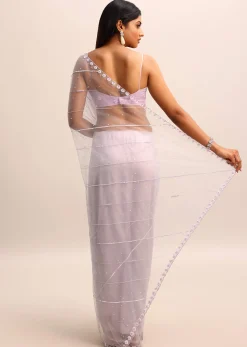 Purple Embroidered Net Saree With Unstitched Blouse