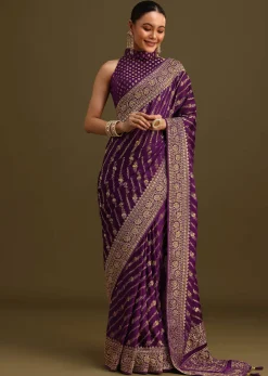 Purple Embroidered Saree With Zardosi And Cutdana Work